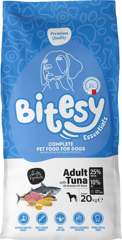 Bitesy Essentials Adult with Tuna, 20kg bag, blue packaging