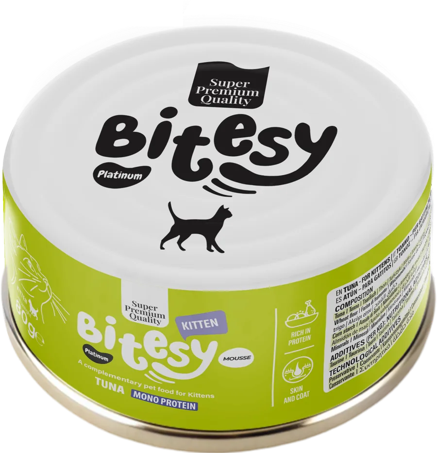 Bitesy Platinum Tuna mono protein mousse for kittens, 80g can, green label