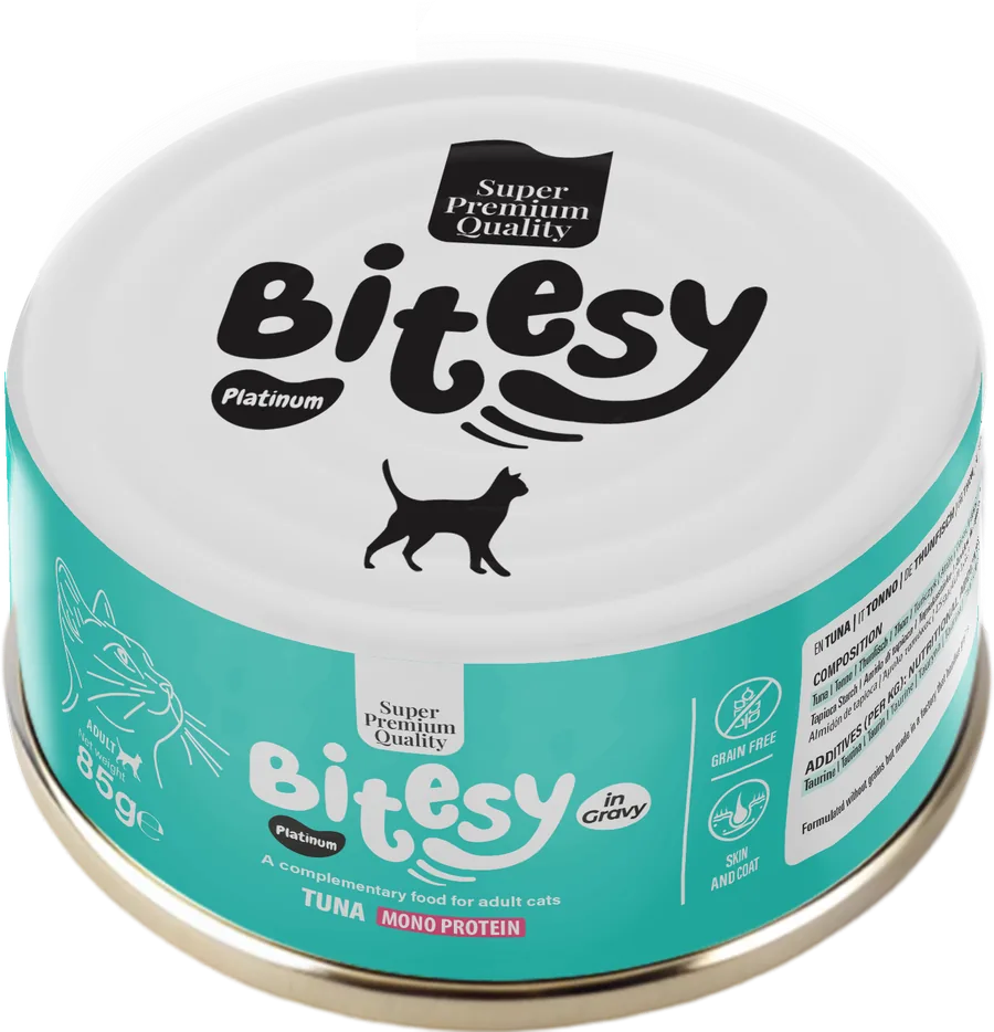 Bitesy Platinum Tuna mono protein wet food for adult cats, 85g can, turquoise label