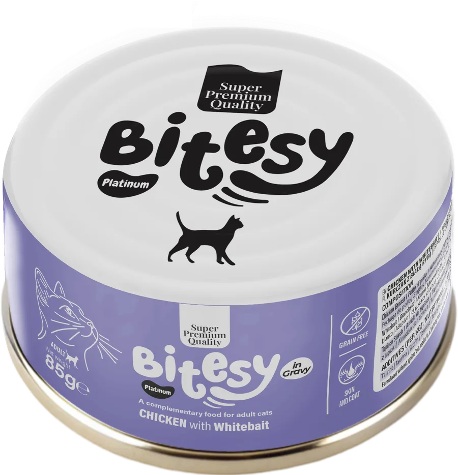 Bitesy Platinum Chicken with Whitebait wet food for adult cats, 85g can, lavender label