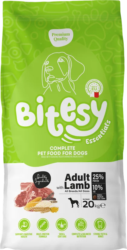 Bitesy Essentials Adult with Lamb, 20kg bag, green packaging
