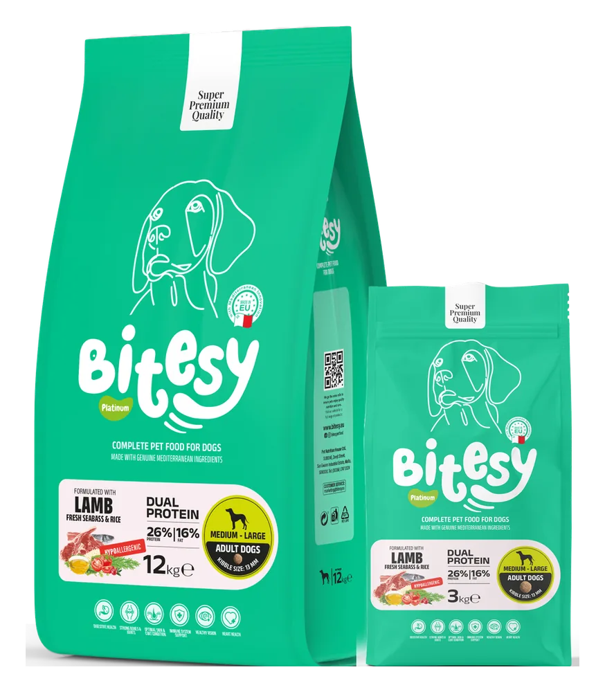 Bitesy Platinum Dual Protein Lamb and Seabass formula for dogs, 3kg and 12kg bags, green packaging
