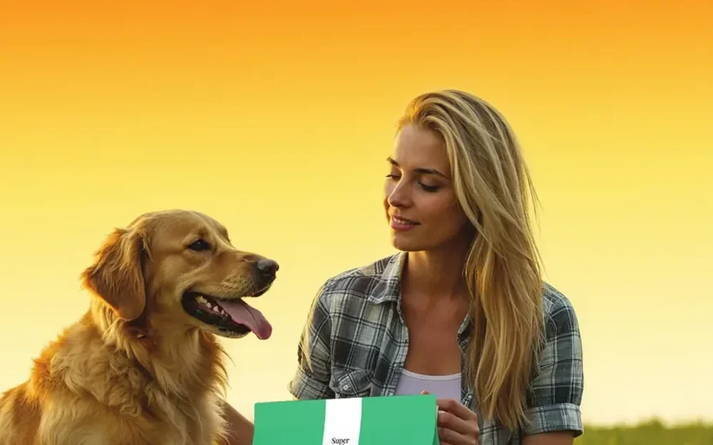A woman and her golden retriever in a field with a bag of Bitesy