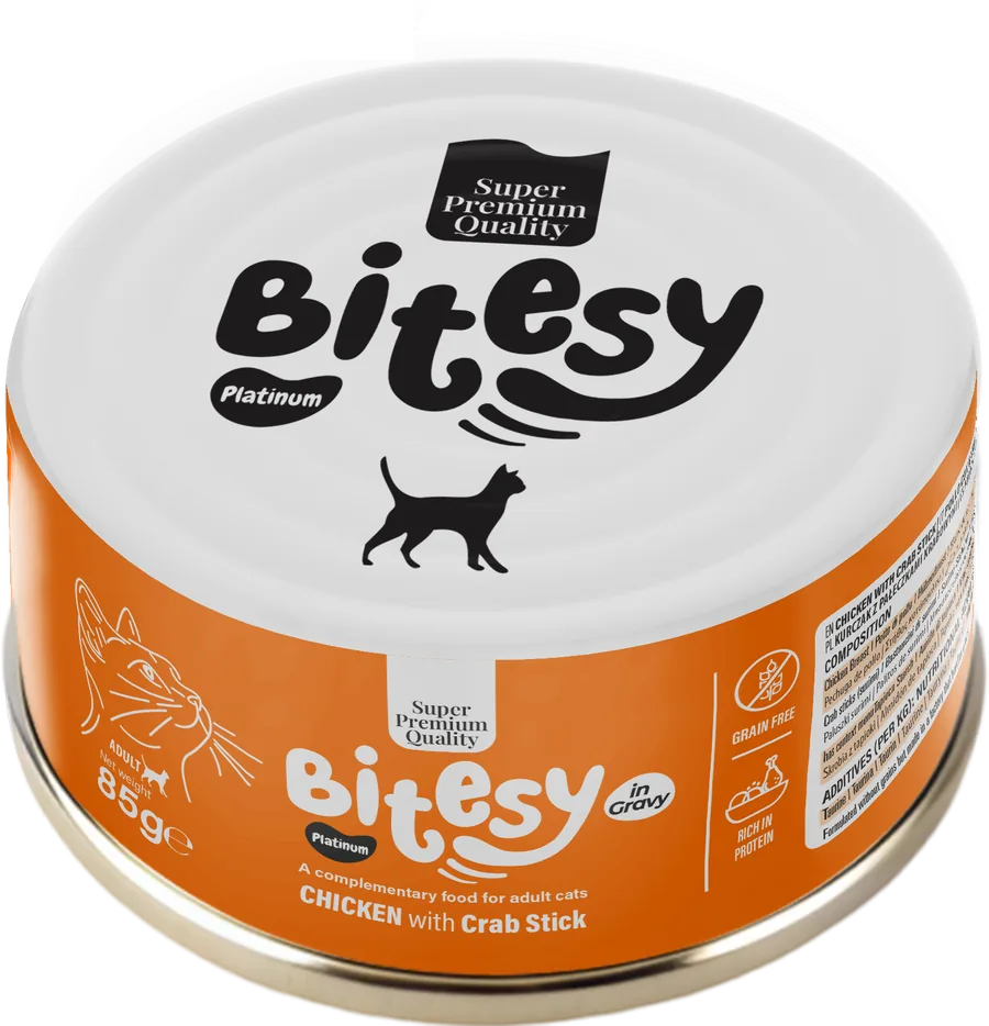 Bitesy Platinum Chicken with Crab Stick wet food for adult cats, 85g can, orange label