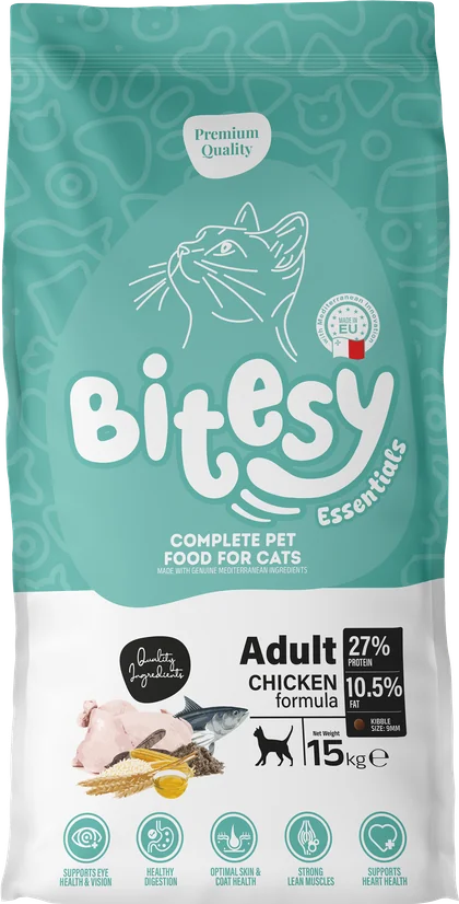 Bitesy Essentials Adult Chicken and Fish formula for cats, 15kg bag, teal packaging