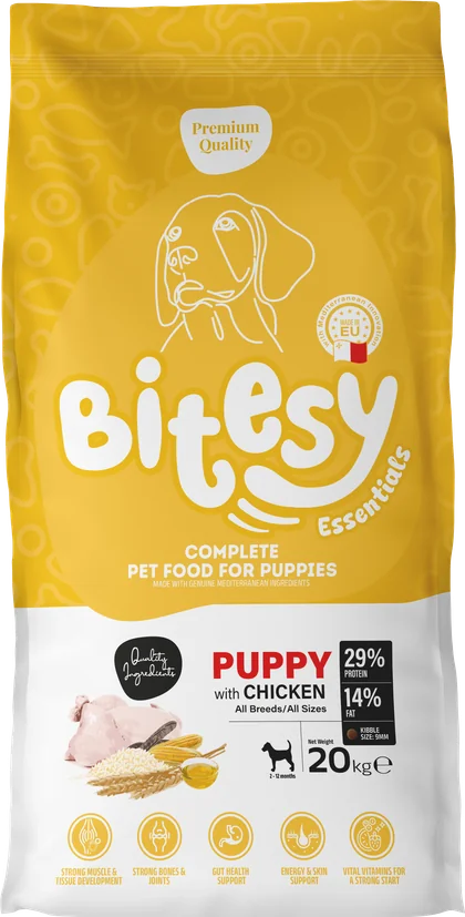 Bitesy Essentials Puppy with Chicken, 20kg bag, yellow packaging