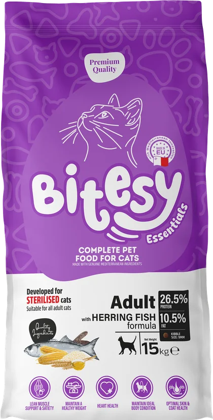 Bitesy Essentials Adult Herring Fish formula for cats, 15kg bag, purple packaging