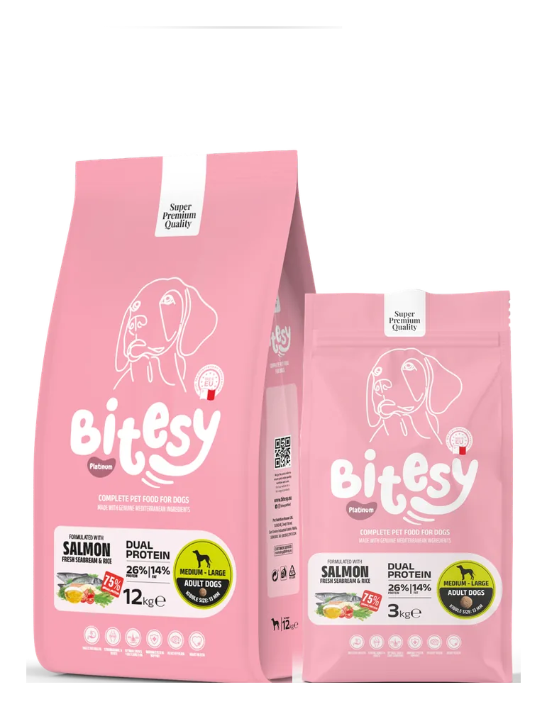 Bitesy Platinum Dual Protein Salmon and Seabream formula for dogs, 3kg and 12kg bags, pink packaging