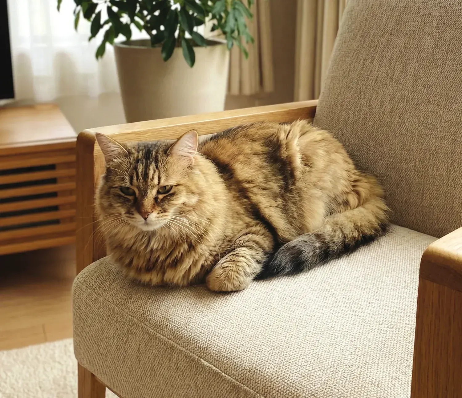 A long-haired tabby cat resting on a linen sofa