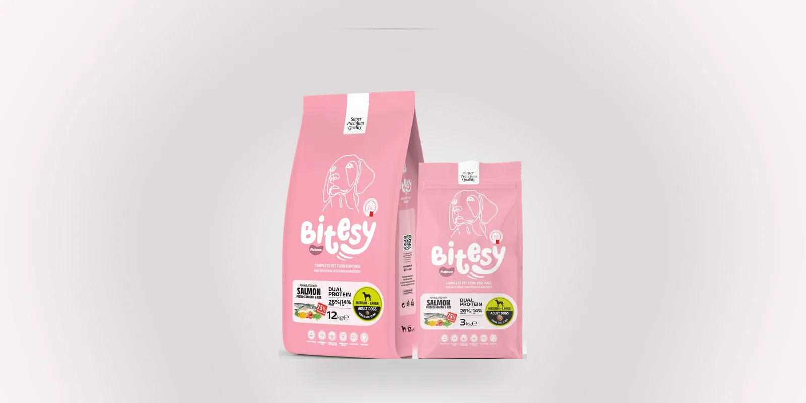 Bitesy Platinum dual-protein salmon and seabream formula for dogs, 3 kg and 12 kg bags