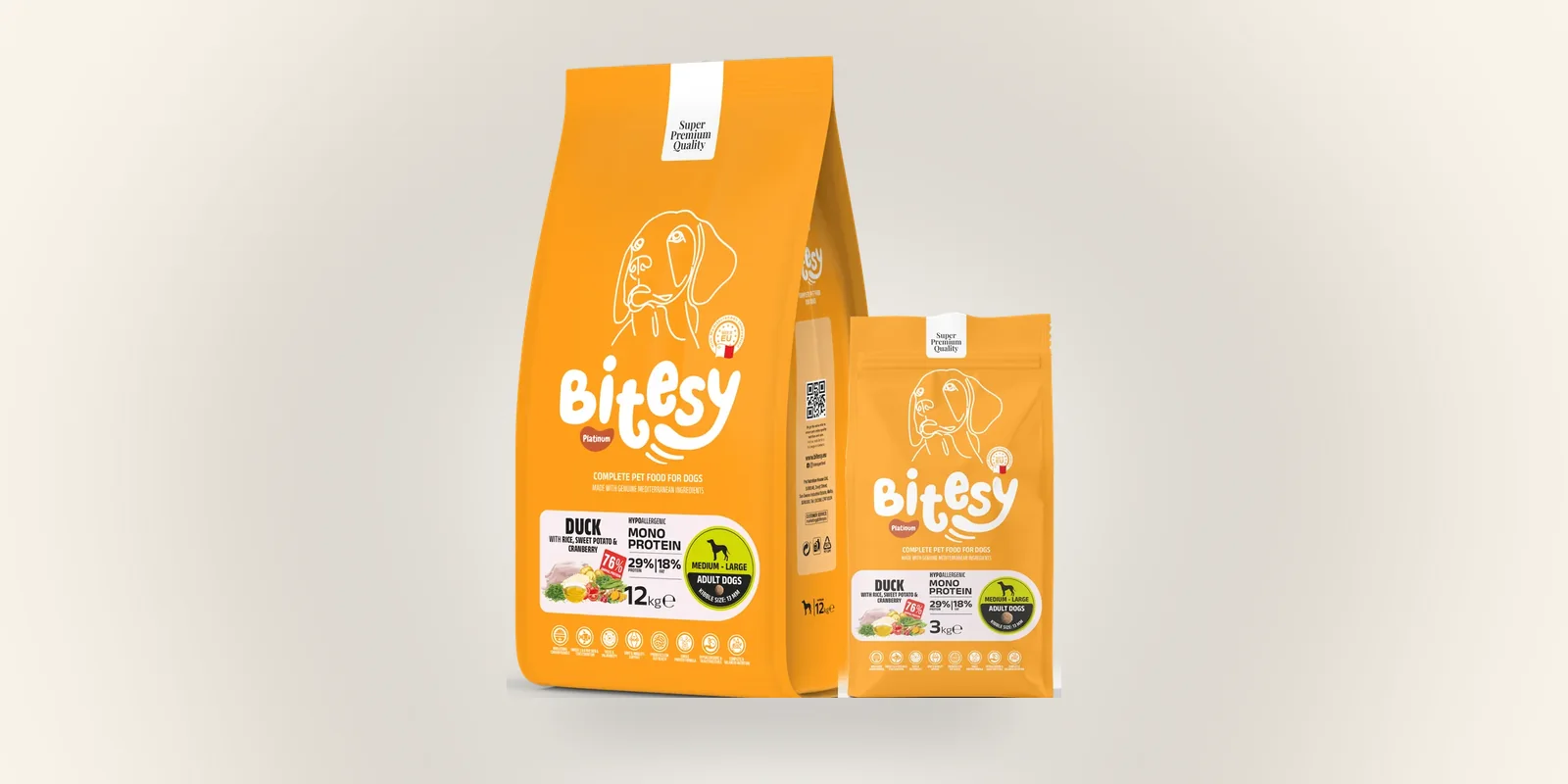 Bitesy Platinum mono-protein duck formula for dogs, 3 kg and 12 kg bags