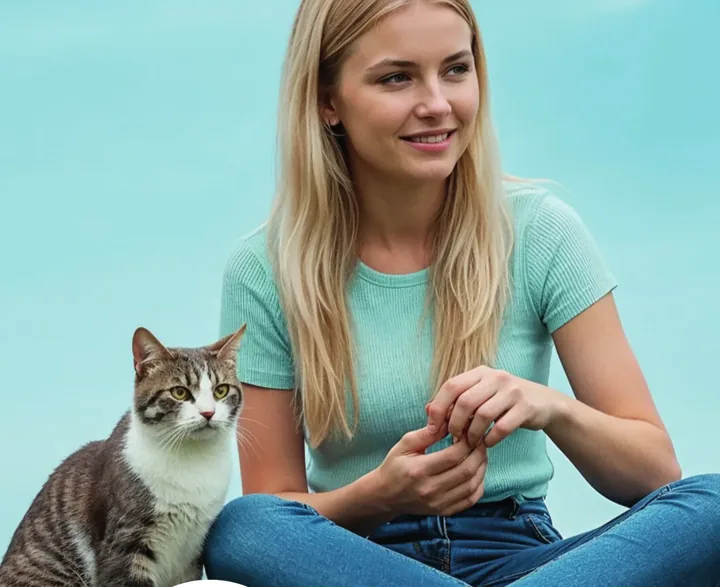 A cat next to a bag of Bitesy Essentials Cat dry food