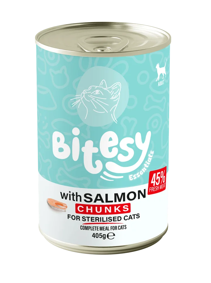 Bitesy Essentials with Salmon chunks for sterilised cats wet food for cats, 405g can