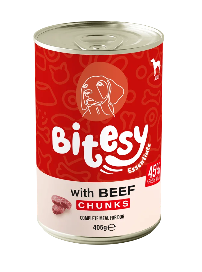 Bitesy Essentials with Beef chunks wet food for dogs, 405g can