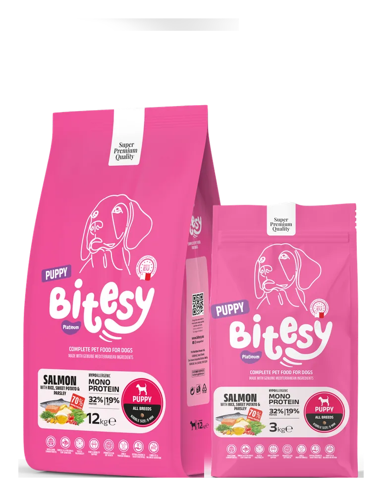 Bitesy Platinum Mono Protein Salmon puppy formula for dogs, 3kg and 12kg bags, pink packaging