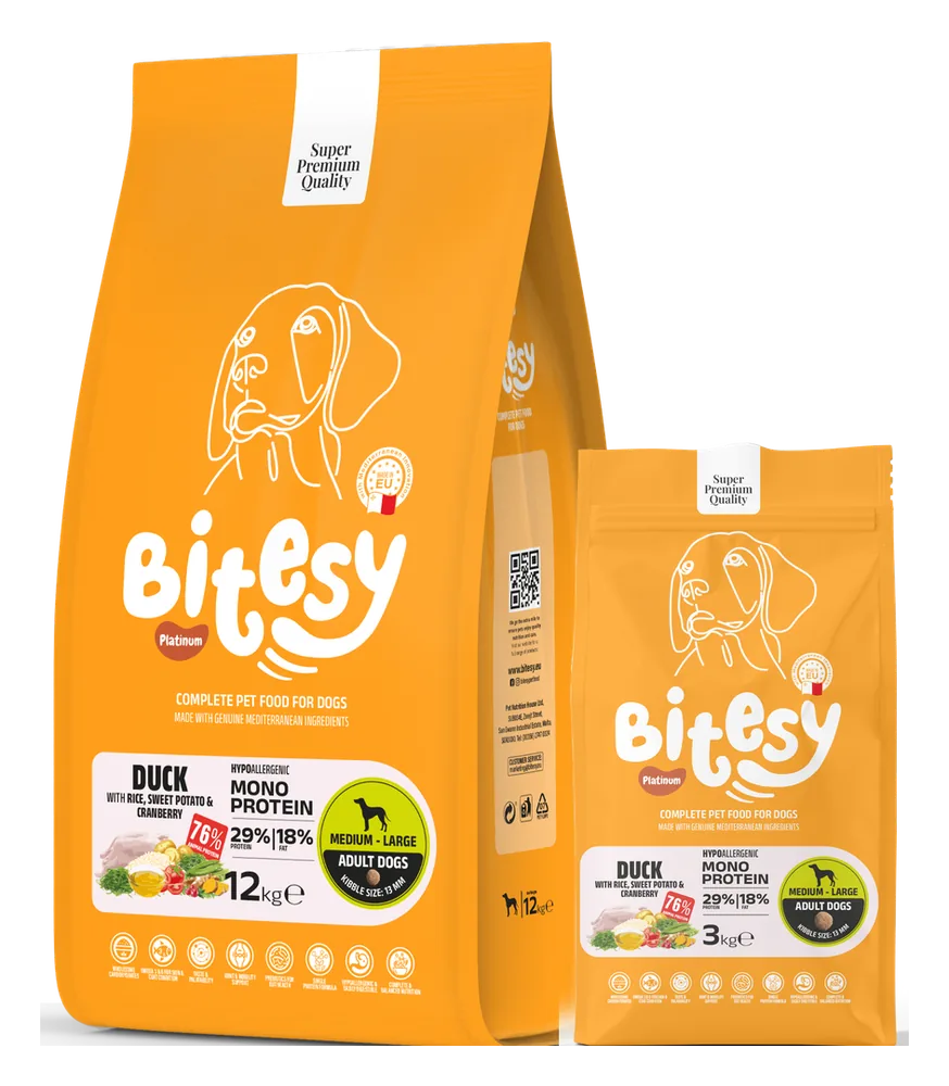 Bitesy Platinum Mono Protein Duck formula for dogs, 3kg and 12kg bags, orange packaging