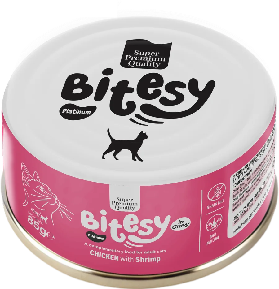 Bitesy Platinum Chicken with Shrimp wet food for adult cats, 85g can, pink label