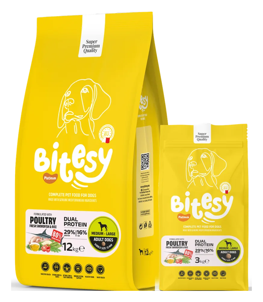 Bitesy Platinum Dual Protein Poultry and Swordfish formula for dogs, 3kg and 12kg bags, yellow packaging