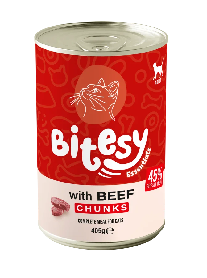Bitesy Essentials with Beef chunks wet food for cats, 405g can