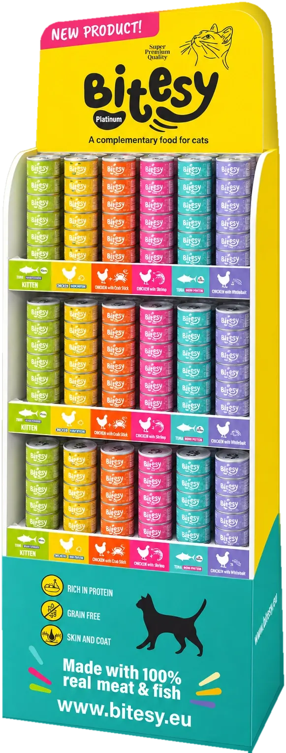 Bitesy Platinum Cat in-store display stand with six flavours